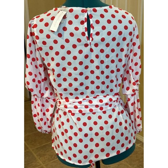 New York & Company Blouse Red Polka Dots 100% Polyester Women's Size S (NWT) - Picture 4 of 16
